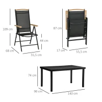 Outsunny Salon de jardín exterior 6 personas, marco de aluminio, mesa 140 cm, 6 sillas plegables y reclinables, Negro(m-3)