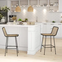 HOMCOM Conjunto de 2 taburetes de bar silla alta diseño bohemio Altura 66 cm con reposapiés acero Negro asiento mimbre PE(m-4)