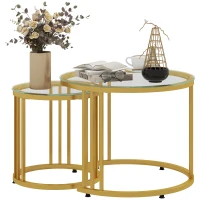 HOMCOM Conjunto de 2 mesas auxiliares nido redondas 60/40 cm tablero cristal templado y pie de acero al carbono diseño moderno dorado(m-7)