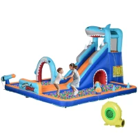 Outsunny Aufblasbares Schloss für Kinder im Alter von 3-8 Jahren mit Luftpumpe, Rutsche, Pool und Kletterwand(m-1)