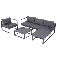 Outsunny Set da Giardino 6 Pezzi con Divano da Giardino, in Alluminio e Poliestere, Piano del Tavolo in Vetro Temperato, con Cuscini, per 4-5 persone, Grigio