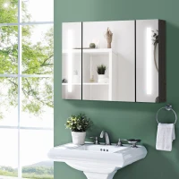 kleankin Badezimmerspiegelschrank an der Wand aus MDF mit 3 Schränken, 3 Regalen und LED-Licht, 90x15x65 cm, Schwarz(m-2)