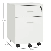 Vinsetto Cassettiera Ufficio a 2 Cassetti con Serratura e 5 Ruote, in Truciolato, 40x49x58 cm, Bianco(m-3)