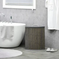 HOMCOM Cesto per il Bucato in Bambù d'Angolo 55L con Coperchio e Sacco Rimovibile, 38 x 38 x 57 cm, Grigio(m-2)