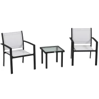 Outsunny Ensemble de Jardin avec Table en Verre et 2 Chaises Empilables en Tissu à Mailles, Gris Clair(m-6)