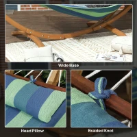 Outsunny Outdoor Hammock with Stand, Garden Hammock with Triple-Head Eucalyptus Wood Arc Frame, 1 Person Cotton Bed and Head Pillow, Freestanding Garden Swing Bed for Patio, Blue Stripe(m-8)