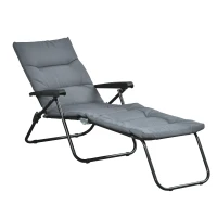 Outsunny Tumbona plegable con respaldo reclinable en 6 posiciones de gran comodidad con colchón + reposabrazos acero poliéster Gris(m-7)