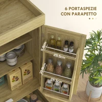 HOMCOM Credenza Cucina Stile Boho con 2 Armadietti, Cassetto e Portaspezie in Legno e Rattan, 76x40x183cm, Rovere(m-7)