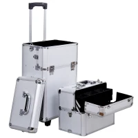 HOMCOM Schminkkoffer 2-in-1 mit auf 3 Höhen einstellbarem Griff und Rollen, professioneller Make-up-Trolley aus Aluminium, 35,5x23x105 cm, Silber(m-1)