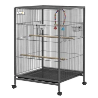 PawHut Vogelkäfig aus Stahl und PP mit 5 Türen, 2 Sitzstangen und herausnehmbarem Tablett, 48x46x74 cm, Grau(m-1)