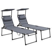 Outsunny Conjunto de 2 Tumbonas plegables gran confort con respaldo y parasol ajustables en múltiples posiciones, Gris