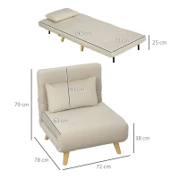 HOMCOM Sillón reclinable con función de cama Sillón plegable en Terciopelo Respaldo ajustable soporta hasta 120 kg Beige(m-3)