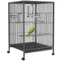 PawHut Vogelkäfig aus Stahl und PP mit 5 Türen, 2 Sitzstangen und herausnehmbarem Tablett, 48x46x74 cm, Grau(m-5)
