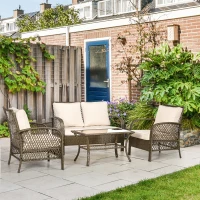 Outsunny Salotto da Giardino a 4 Posti da 4 Pezzi, Stile Coloniale, Tavolino, Cuscini Beige Inclusi, in Resina Intrecciata, Marrone Chiaro(m-2)