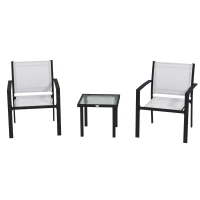 Outsunny Ensemble de Jardin avec Table en Verre et 2 Chaises Empilables en Tissu à Mailles, Gris Clair(m-1)