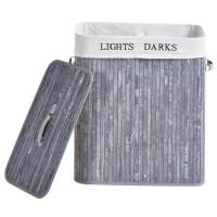 HOMCOM Cesto per il bucato 100L con 2 scomparti in bambù pieghevole con coperchio maniglia sacchetto removibile in tela grigio(m-5)