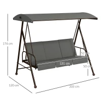Outsunny Balancín de jardín convertible 3 plazas de gran confort con 3 cojines techo ajustable acero poliéster Gris(m-3)