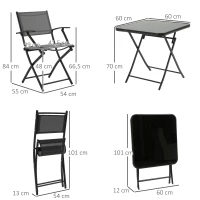 Outsunny Set de Muebles de jardín para 2 personas plegable Conjunto de balcón 1 Mesa+2 Sillas Muebles de jardín Metal Malla Negro+Gris(m-3)