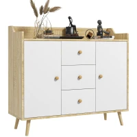 HOMCOM Buffet Moderne en Aggloméré et Bois de Pin avec 3 Tiroirs et 2 Armoires à 2 Niveaux, 90x32x80H cm(m-5)