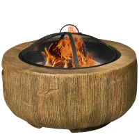 Outsunny Focolare in Design a Ceppo d'Albero, Coperchio a Griglia, Griglia per la Carbonella, Gancio per il Fuoco, Ø61,5 x 39 cm(m-1)