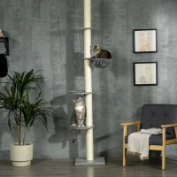 PawHut Rascador para Gatos con Hamaca, incl. Dispositivo de Techo, de Techo Alto, 40x40x250 cm, Gris+ Blanco Crema(m-4)