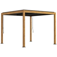 Outsunny Gazebo Pergolato da Giardino, Resistente alle Intemperie, Manovella, Alluminio, 3x3m, Nero e Naturale(m-1)