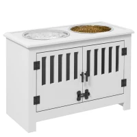 PawHut Station d'alimentation surélevée pour grands chiens, 2 bols en acier inoxydable, Espace de rangement, 35,5x60x30 cm, Blanc(m-6)