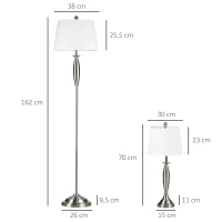 HOMCOM Conjunto de 3 luces 1 lámpara de pie 2 lámparas de mesa aspecto de lino; 38x38x158 cm Plata + Blanco(m-3)