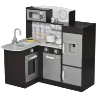 HOMCOM Cuisine Jouet pour Enfants en Bois avec 14 Accessoires, Four, Évier, Frigo et Micro-Ondes, Âge 3+ Ans, 86x64x84.5cm, Argent et Marron(m-5)