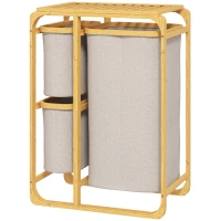 HOMCOM Cesto de Ropa en Bambú con 3 Bolsas y Repisas Extraíbles de Tela 50x32x69,7 cm color Bambú y Crema(m-6)