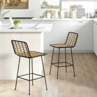 HOMCOM Conjunto de 2 taburetes de bar silla alta diseño bohemio Altura 66 cm con reposapiés acero Negro asiento mimbre PE(m-2)
