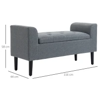 HOMCOM Banc de rangement, banc rembourré, résistant jusqu'à 130 kg, aspect lin, bois de caoutchouc, 116 x 44 x 58 cm, Gris clair(m-3)