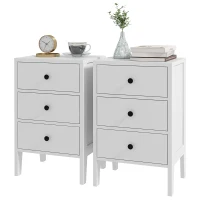 HOMCOM Set Di 2 Tavolini Comodino, Tavolini D'Appoggio, 3 Cassetti Per Camera In Legno 40L x 30l x 64H cm Bianco(m-5)