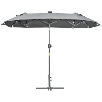 Outsunny Doppelter Sonnenschirm mit Kreuzsockel und Solarlichtern, 295x150x219cm, Grau(m-5)