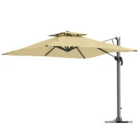 Outsunny Ombrellone Decentrato 3 m Quadrato Rotante a 360° con Meccanismo Idraulico Tetto Doppio Base Crociata Asta in Alluminio Beige(m-5)