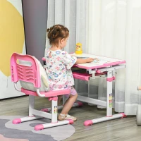HOMCOM Banc d'École pour Enfants 6-12 Ans avec Chaise et Hauteur Réglable, Bureau Inclinable, 66x47x52-77 cm, Rose(m-2)