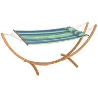 Outsunny Outdoor Hammock with Stand, Garden Hammock with Triple-Head Eucalyptus Wood Arc Frame, 1 Person Cotton Bed and Head Pillow, Freestanding Garden Swing Bed for Patio, Blue Stripe(m-1)