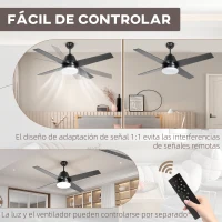 HOMCOM Ventilador de Techo con Luz 46W Ø129 cm Motor DC con 4 Aspas Reversibles Mando a Distancia y Temporizador Negro(m-5)
