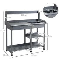 Outsunny Mesa de trasplante multi-equipada mesa de jardinería con cajón, 3 estantes, fregadero, de siembra madera pino preaceitado(m-3)