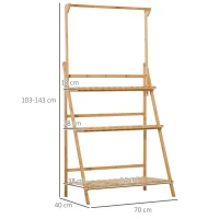 Outsunny Estantería de Flores Soportes de Macetas Porta Plantas en Madera de Bambú 3 niveles + Barra de Soporte para Macetas Colgantes(m-3)