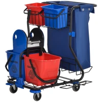 HOMCOM Chariot de Nettoyage avec Sac à Déchets, 4 Seaux et Presse à Balai, 93x80x97 cm, Rouge, Bleu et Noir(m-1)