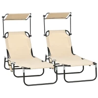 Outsunny 2 Piece Folding Sun Loungers with Canopy, Adjustable Recliner Garden Chairs with Side Pocket, Steel Frame and Breathable Mesh for Outdoor, Pool, Beach, Garden, Tan Brown(m-11)