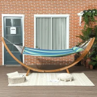 Outsunny Outdoor Hammock with Stand, Garden Hammock with Triple-Head Eucalyptus Wood Arc Frame, 1 Person Cotton Bed and Head Pillow, Freestanding Garden Swing Bed for Patio, Blue Stripe(m-9)