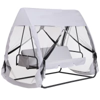 Outsunny Balancín de Jardín Convertible 3 Plazas Colchón de Asiento y Respaldo, Mosquitera Integral con Cremallera y Techo(m-1)