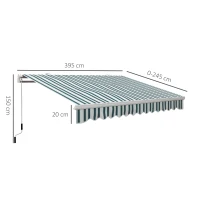 Outsunny handmatige knikarmluifel 4m met handslinger balkonluifel zonwering wandmontage balkon aluminium wit + groen 395 x 245 cm(m-3)