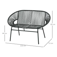 Outsunny Banqueta banco de jardín 2 plazas en metal y cuerda de resina con 2 cojines - 132x72x83 cm - Negro(m-3)
