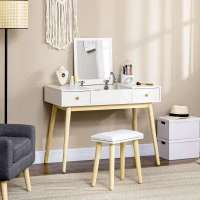 HOMCOM Frisiertisch-Set mit klappbarem Spiegel und Hocker im skandinavischen Stil, 2 Schubladen, 100 x 45 x 118 cm, weiß(m-2)