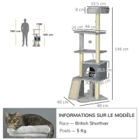 PawHut Árbol para gatos árbol para trepar para gatos multi-equipamiento rascadores 4 plataformas 1 casa 1 cesta altura 146 cm Gris(m-3)