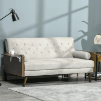 HOMCOM Schlafsofa mit 3 Plätzen im skandinavischen Design, verstellbarer Rückenlehne in 3 Positionen, klappbarem Tablett, 2 Kissen inklusive, schlanken Eukalyptusholzbeinen, Stoff aus Baumwolle und Polyester in Leinenoptik, Beige(m-2)