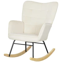 HOMCOM Poltrona Dondolo, Imbottitura Spessa, Schienale Largo, Legno di Faggio, Telaio in Acciaio, fino a 120 kg, Beige(m-5)